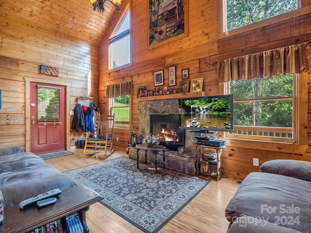 living area with a fireplace, wood walls, and wood finished floors