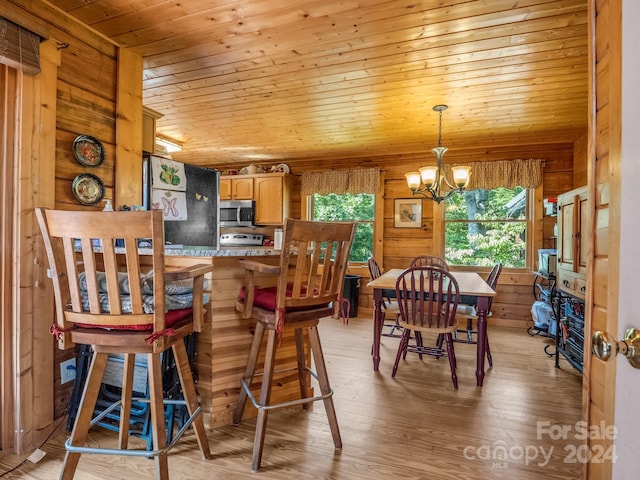 dining space featuring wood ceiling, wood walls, light wood finished floors, and an inviting chandelier