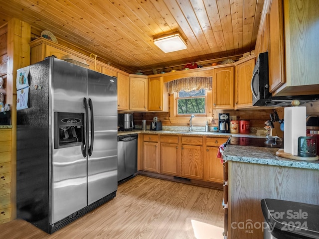 kitchen featuring visible vents, appliances with stainless steel finishes, light wood-style floors, a sink, and wooden ceiling