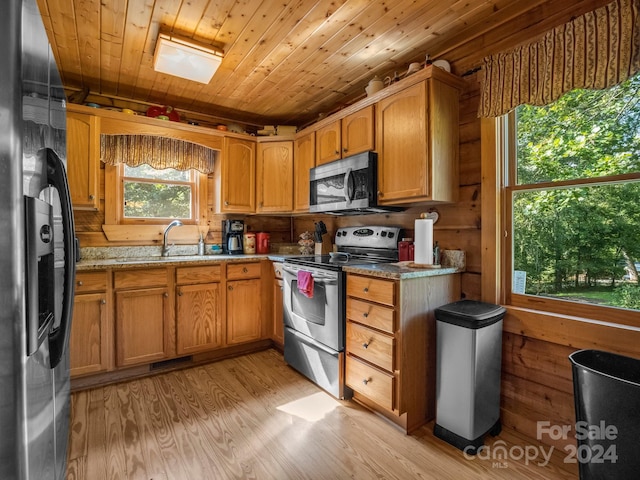 kitchen featuring stainless steel appliances, visible vents, light wood-style floors, a sink, and wooden ceiling