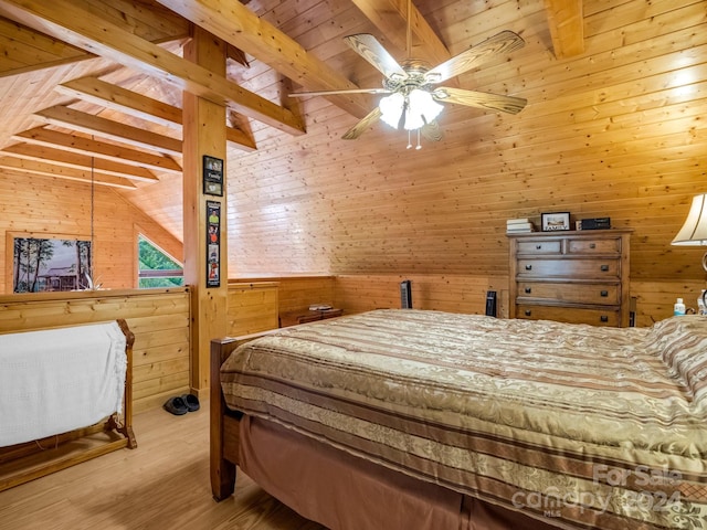 bedroom with lofted ceiling with beams, wood walls, wooden ceiling, and wood finished floors