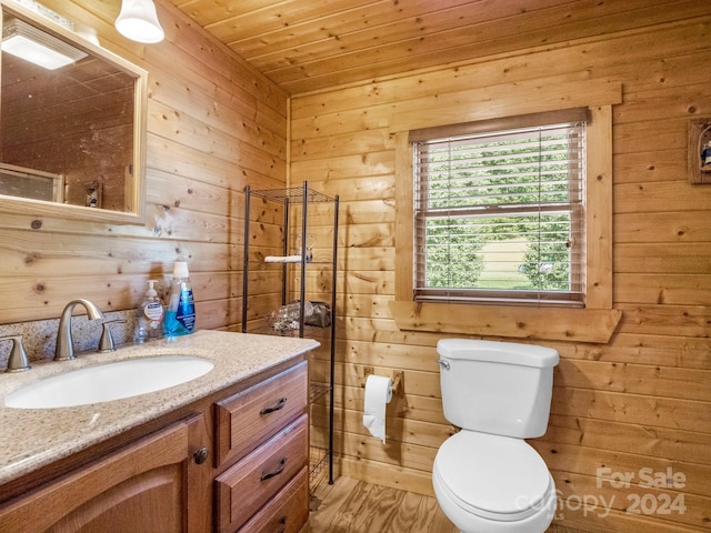 bathroom with toilet, wood ceiling, wooden walls, vanity, and wood finished floors