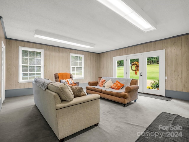 241 Eastview Dr, Bostic, NC 28018 - carpeted living room featuring crown molding and wood walls