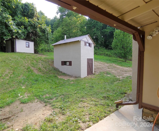 view of yard featuring a storage shed