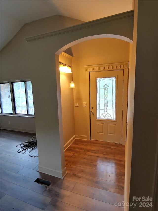 foyer entrance featuring lofted ceiling and wood-type flooring