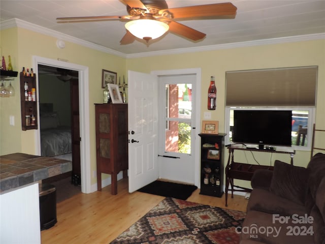 1555 Soco Rd Unit 6, Maggie Valley, NC 28751 - living area featuring light wood-style flooring, ceiling fan, and ornamental molding