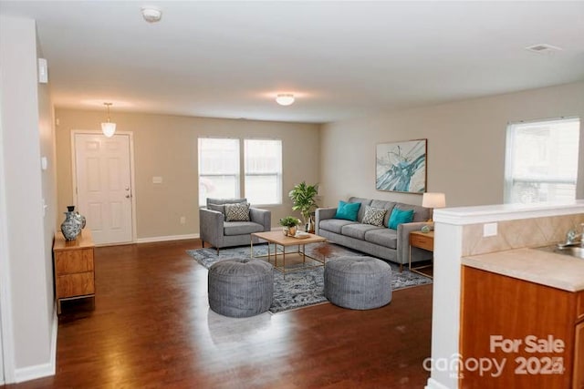 living room featuring baseboards and dark wood-style flooring