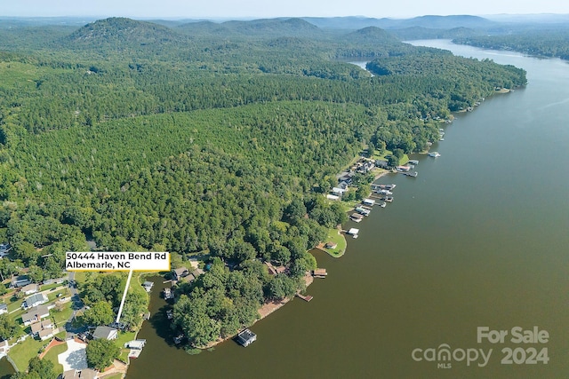 birds eye view of property with a water and mountain view and a wooded view