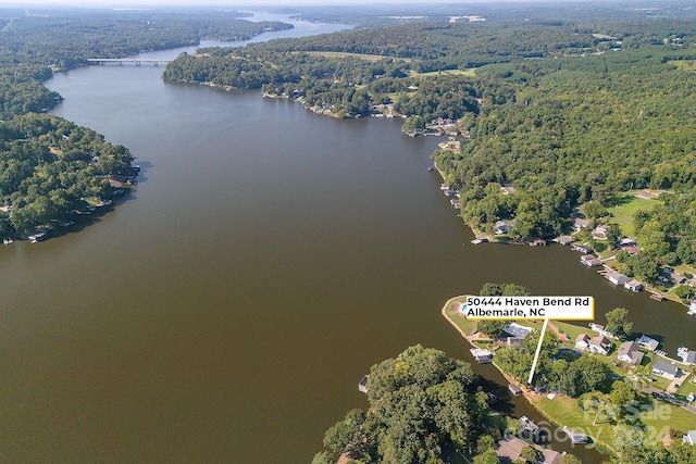 bird's eye view featuring a water view and a forest view