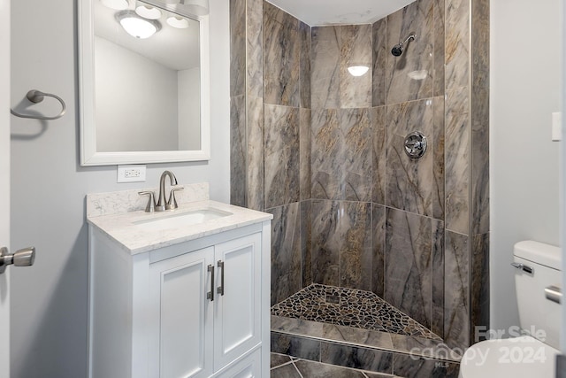 bathroom with tiled shower, toilet, and vanity