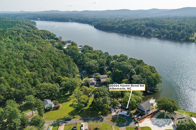 drone / aerial view with a wooded view and a water and mountain view