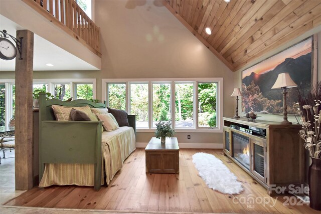 living room featuring high vaulted ceiling, light hardwood / wood-style floors, and a healthy amount of sunlight