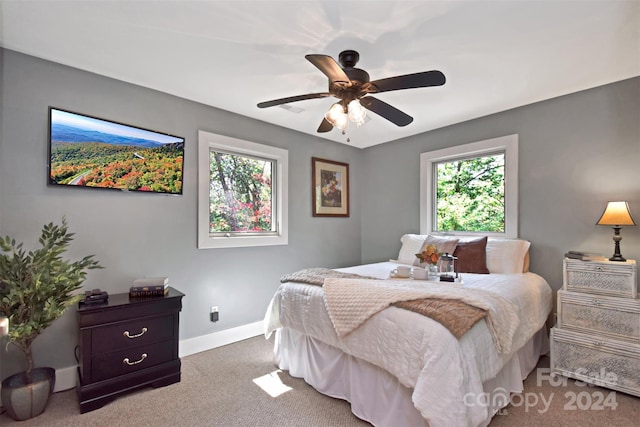 bedroom featuring carpet, ceiling fan, and multiple windows