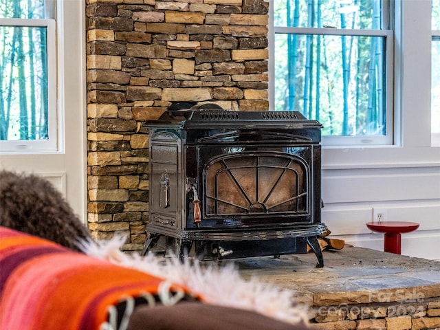 room details featuring a wood stove