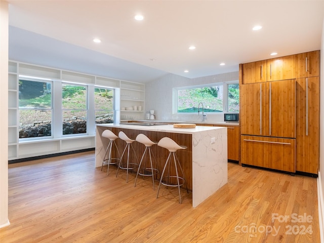 kitchen featuring a center island, light hardwood / wood-style flooring, built in appliances, and plenty of natural light