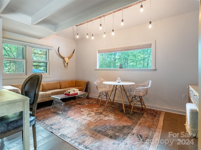 living area with beam ceiling, a healthy amount of sunlight, and dark hardwood / wood-style flooring