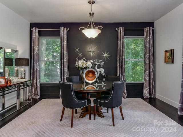 dining space with dark hardwood / wood-style flooring and plenty of natural light