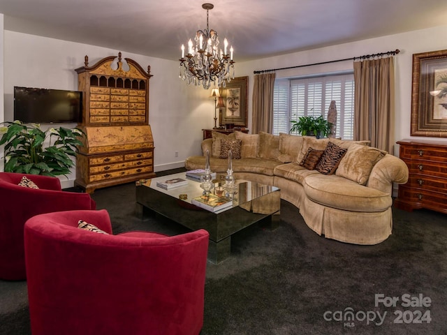 living room with dark carpet and a chandelier