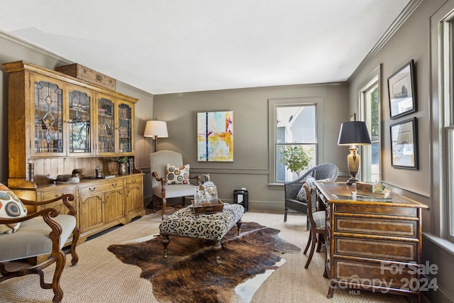 office area with crown molding and light carpet