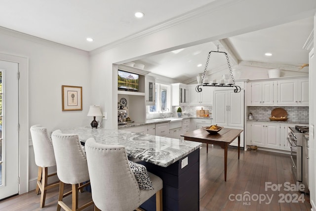 kitchen with white cabinetry, backsplash, and dark hardwood / wood-style floors