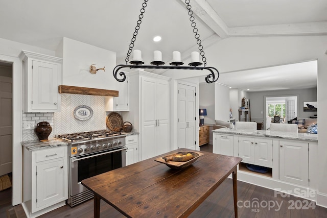 kitchen featuring light stone countertops, high end stainless steel range oven, decorative backsplash, and dark hardwood / wood-style flooring