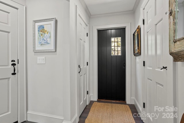 interior space featuring dark hardwood / wood-style floors and crown molding