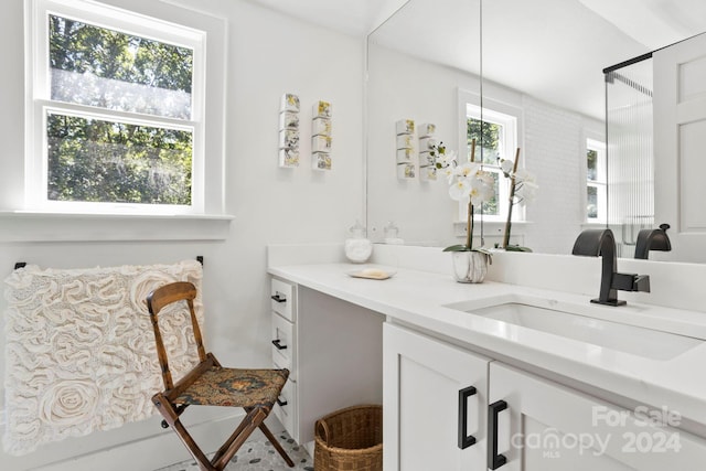 bathroom with a shower with door, plenty of natural light, and vanity