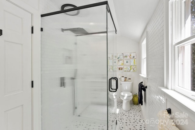 bathroom with vaulted ceiling, toilet, tile walls, and a shower with shower door