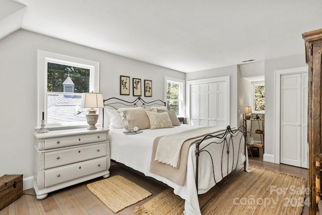 bedroom with vaulted ceiling, hardwood / wood-style flooring, and a closet