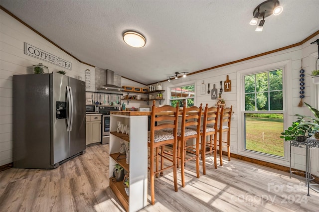 kitchen with light hardwood / wood-style flooring, stainless steel appliances, wall chimney exhaust hood, and a healthy amount of sunlight