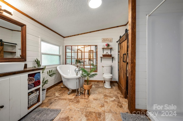 full bathroom featuring a textured ceiling, vaulted ceiling, wood walls, toilet, and independent shower and bath