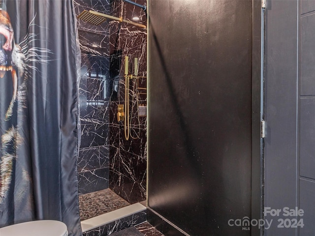 bathroom with a shower with shower curtain and toilet