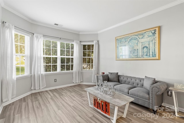 living room featuring ornamental molding and light hardwood / wood-style floors