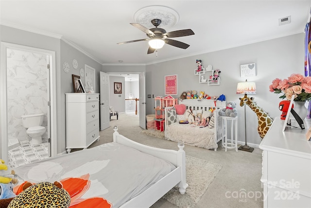 bedroom featuring light colored carpet, ceiling fan, ornamental molding, and connected bathroom