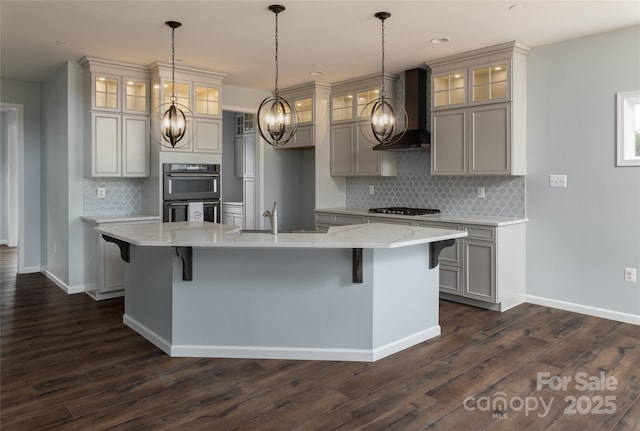 837 Lake Forest Drive Nottingham, Belmont, NC 28012 - kitchen featuring stainless steel appliances, wall chimney range hood, tasteful backsplash, and dark wood-style floors