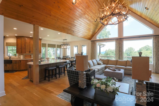 living room with high vaulted ceiling, hardwood / wood-style floors, wood ceiling, and a chandelier