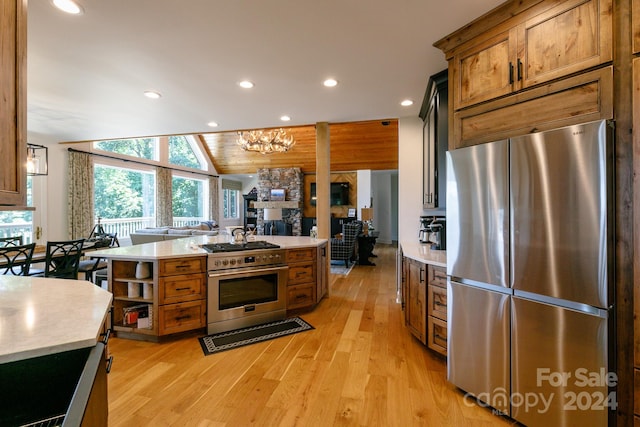 kitchen with vaulted ceiling, a chandelier, light hardwood / wood-style flooring, and stainless steel appliances