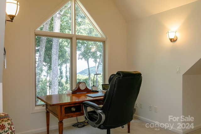 office space featuring vaulted ceiling and carpet floors