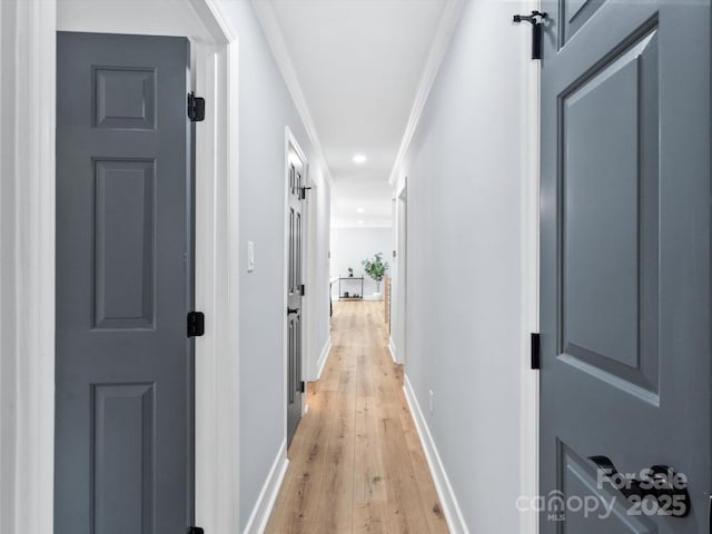 corridor with light wood-type flooring and crown molding