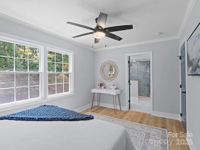 bedroom with ceiling fan, light wood-type flooring, connected bathroom, and ornamental molding