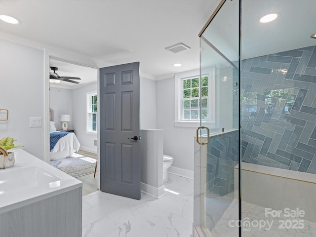 bathroom with an enclosed shower, a healthy amount of sunlight, ceiling fan, and crown molding