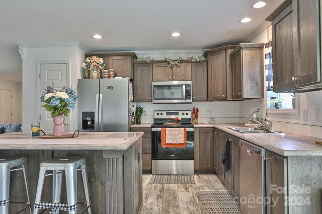 kitchen with crown molding, appliances with stainless steel finishes, light hardwood / wood-style floors, sink, and a kitchen bar