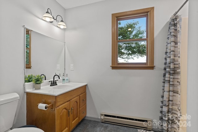 bathroom featuring curtained shower, toilet, baseboard heating, and vanity