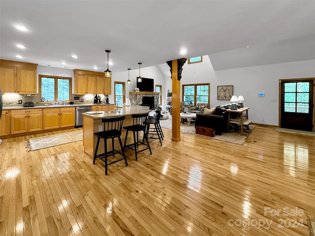 kitchen with light wood-type flooring, a healthy amount of sunlight, stainless steel dishwasher, and a kitchen breakfast bar