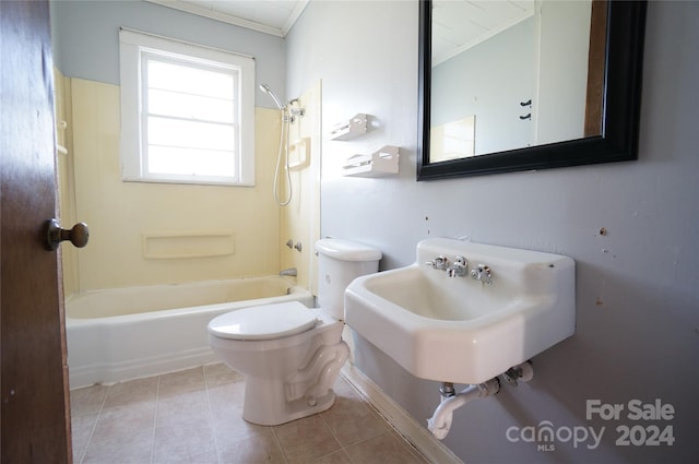 full bathroom featuring shower / bathtub combination, tile patterned flooring, toilet, sink, and ornamental molding