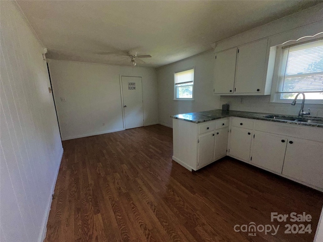 kitchen featuring dark countertops, white cabinetry, dark wood-type flooring, and a sink