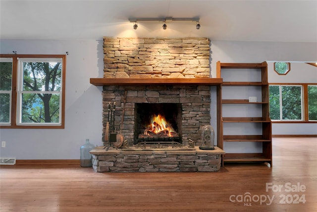 living room featuring a wealth of natural light, a stone fireplace, and wood-type flooring