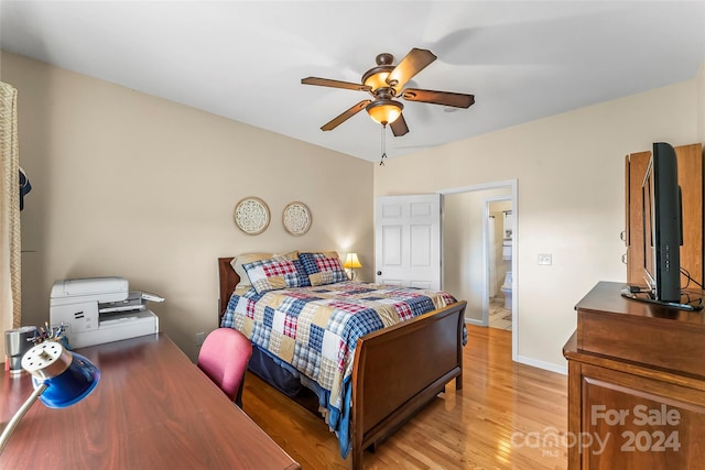 bedroom with light wood-type flooring and ceiling fan