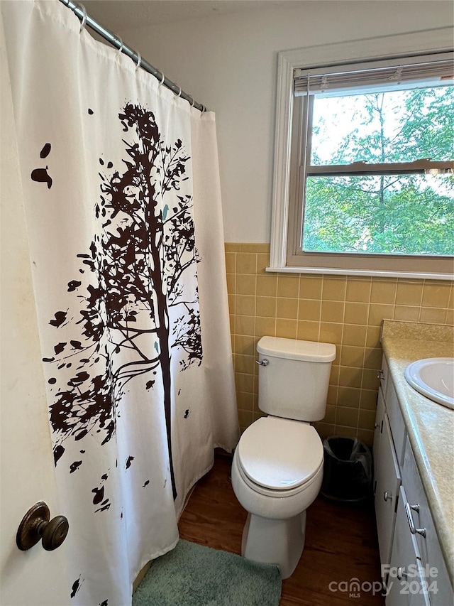 bathroom with walk in shower, toilet, tile walls, wood-type flooring, and vanity