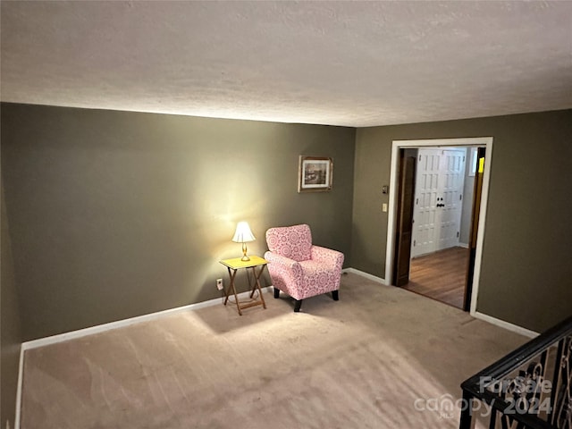 living area featuring a textured ceiling and carpet flooring